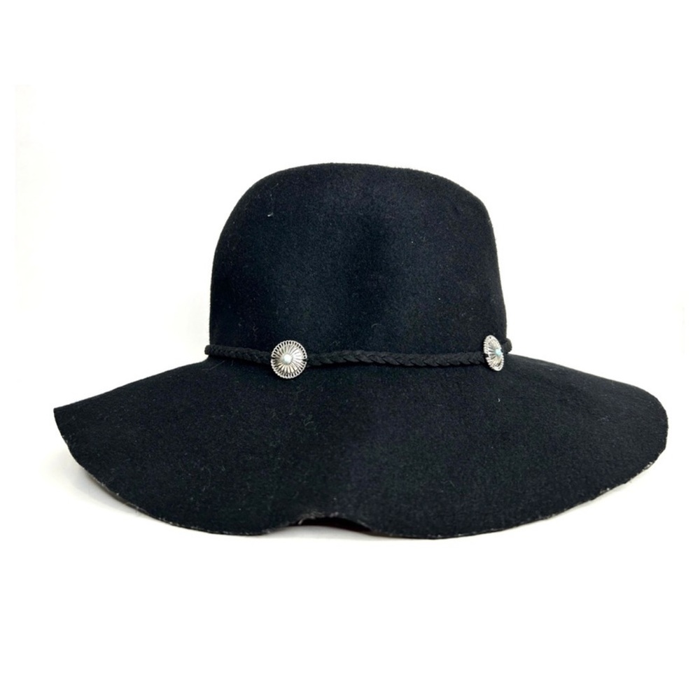 American Eagle Floppy Large Brim Felted Wool Hat Turquoise Conchos Black L/CL